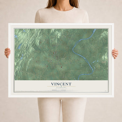 Map of Vincent, Alabama, 24 x 36 inch print in a white wood frame