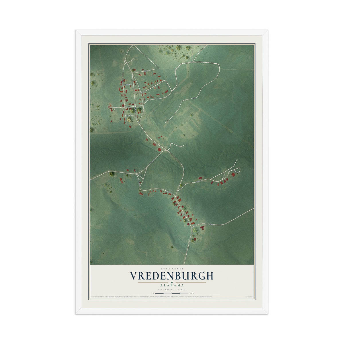 Map of Vredenburgh, Alabama, 12 x 18 inch print in a white wood frame