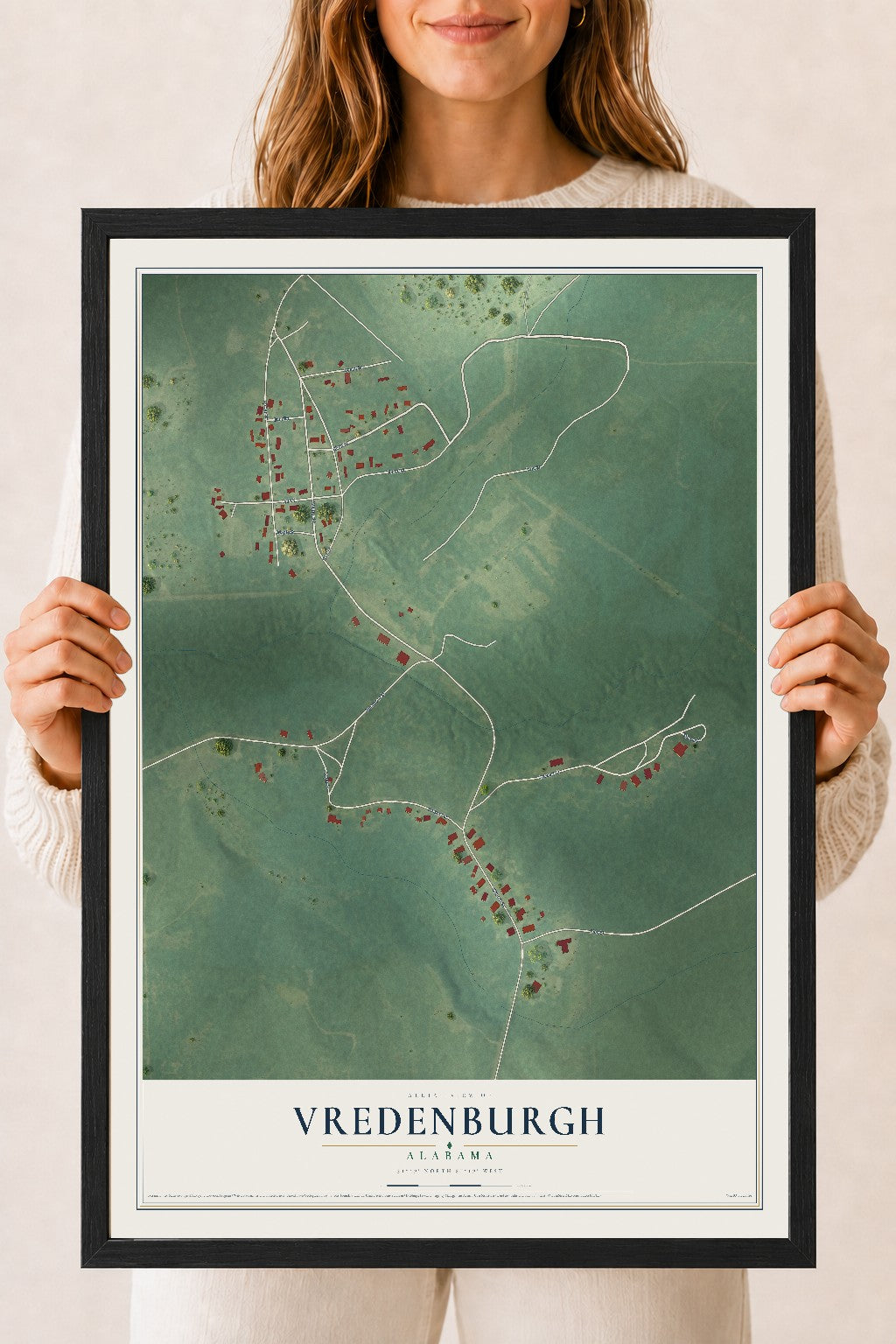 Map of Vredenburgh, Alabama, 18 x 24 inch print in a black wood frame
