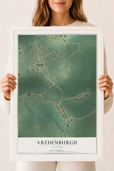 Map of Vredenburgh, Alabama, 18 x 24 inch print in a white wood frame