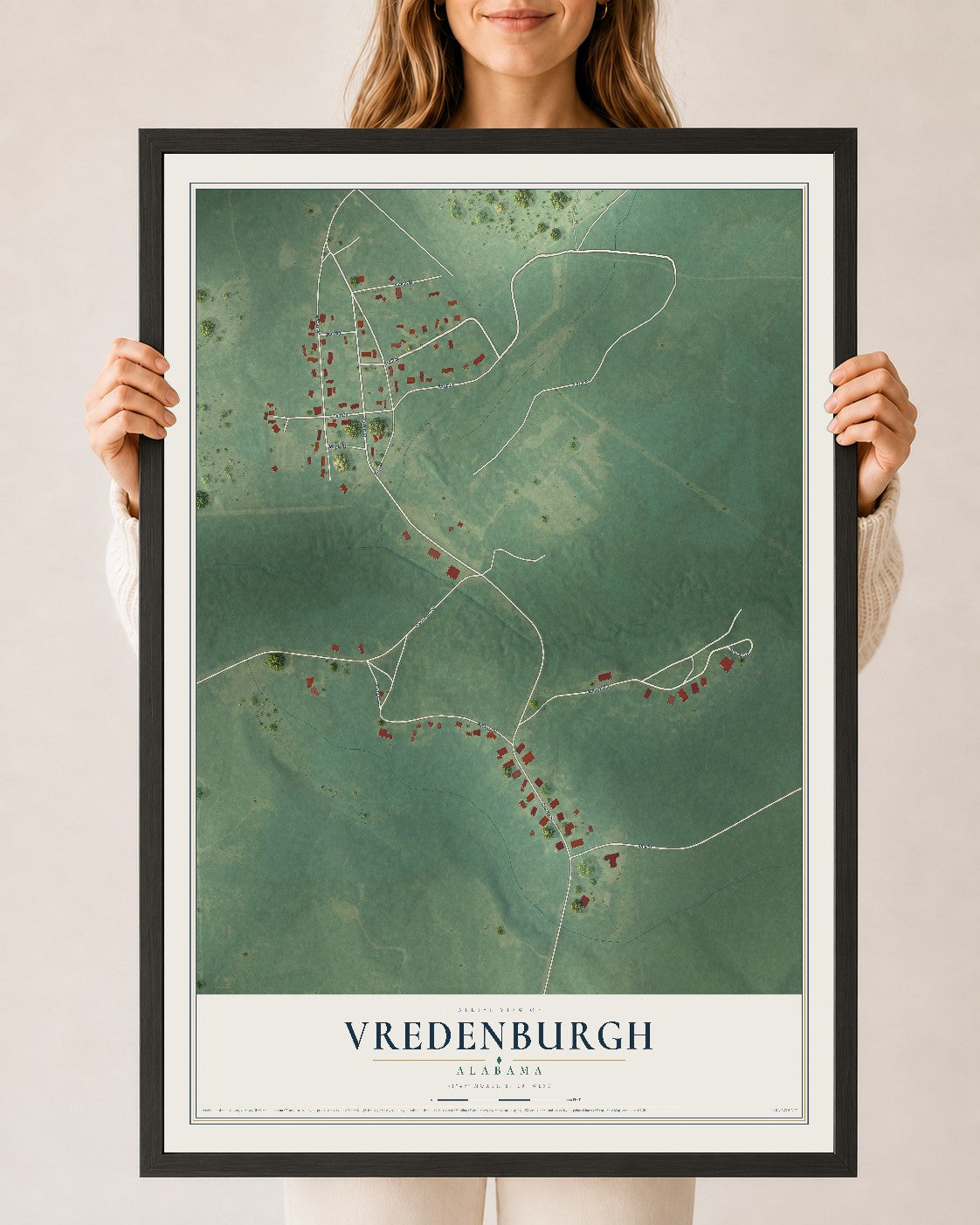 Map of Vredenburgh, Alabama, 24 x 36 inch print in a black wood frame