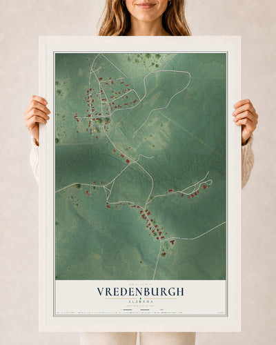 Map of Vredenburgh, Alabama, 24 x 36 inch print in a white wood frame