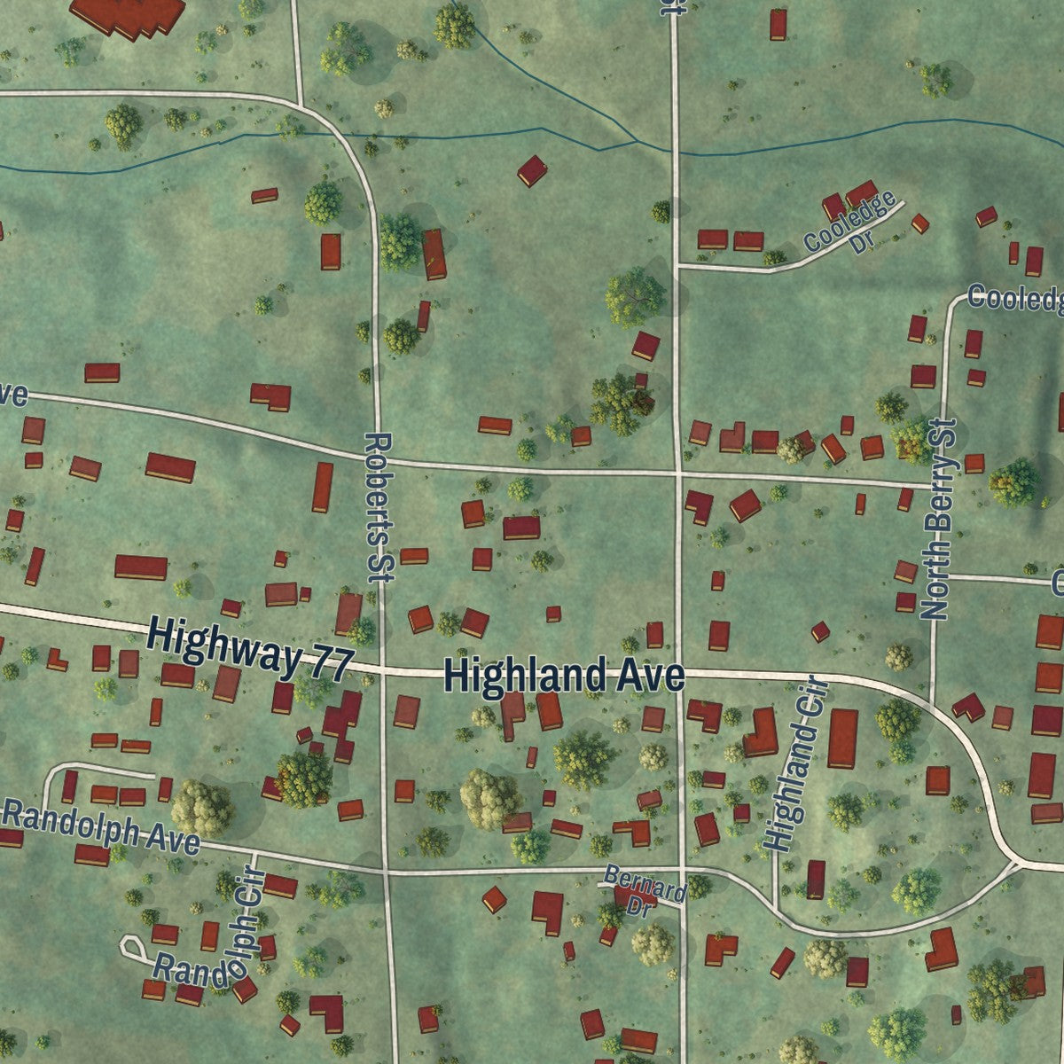 Close-up of the map of Wadley, Alabama print showing street and building detail