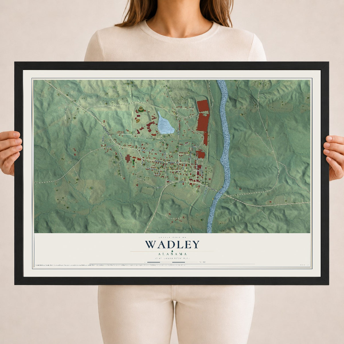 Map of Wadley, Alabama, 18 x 24 inch print in a black wood frame