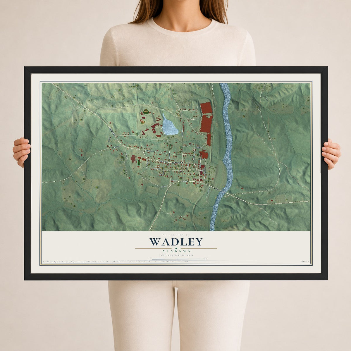Map of Wadley, Alabama, 24 x 36 inch print in a black wood frame