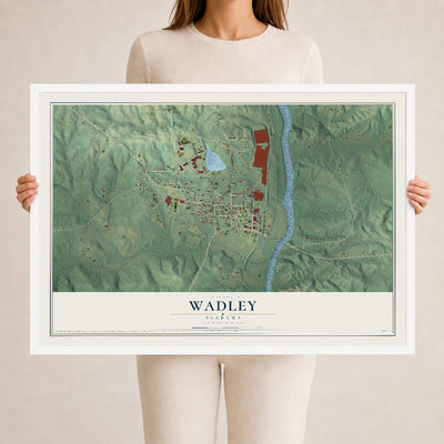 Map of Wadley, Alabama, 24 x 36 inch print in a white wood frame