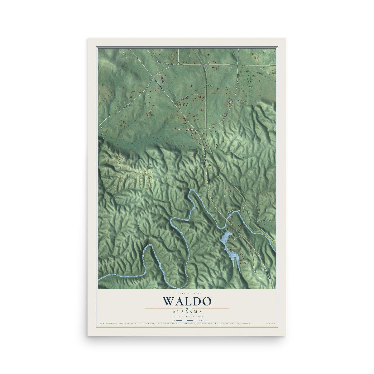 Map of Waldo, Alabama, 12 x 18 inch unframed archival matte print