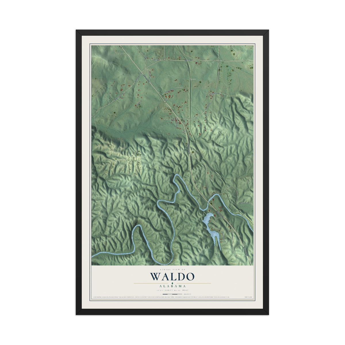 Map of Waldo, Alabama, 12 x 18 inch print in a black wood frame