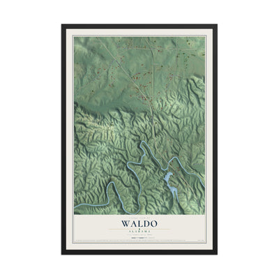 Map of Waldo, Alabama, 12 x 18 inch print in a black wood frame