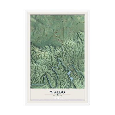 Map of Waldo, Alabama, 12 x 18 inch print in a white wood frame