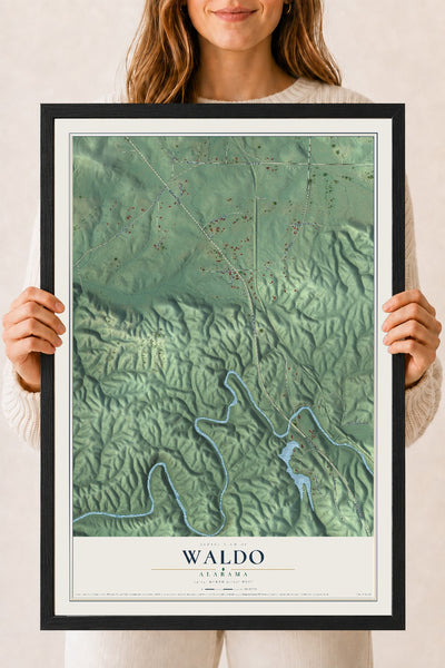 Map of Waldo, Alabama, 18 x 24 inch print in a black wood frame