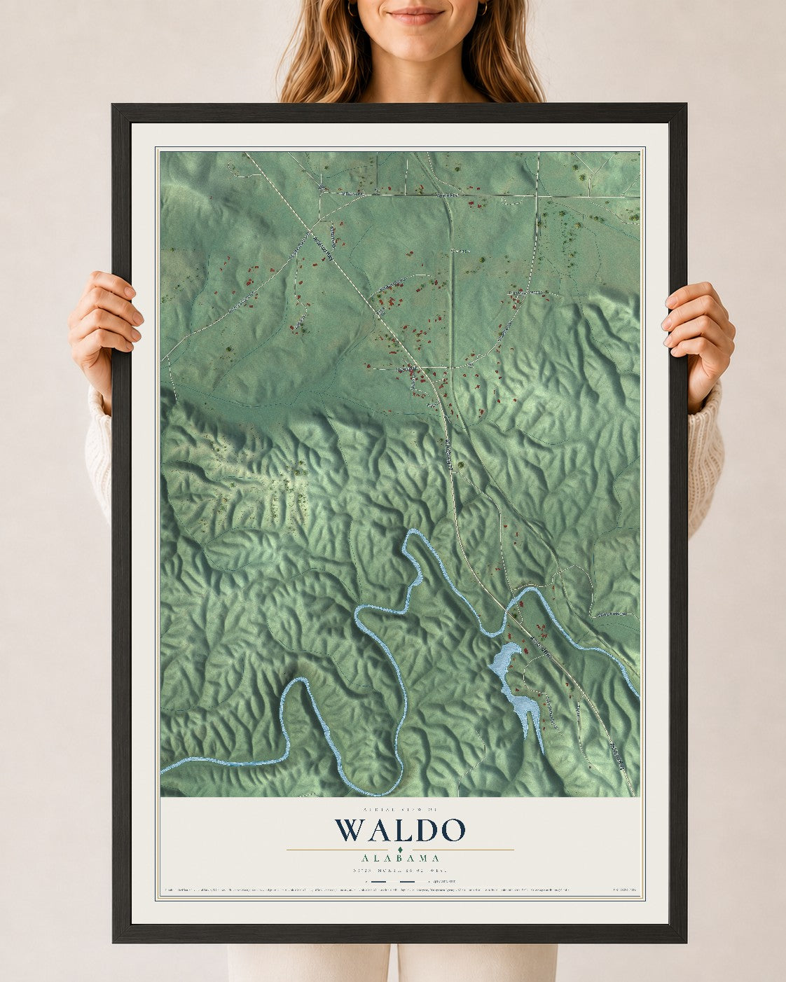 Map of Waldo, Alabama, 24 x 36 inch print in a black wood frame