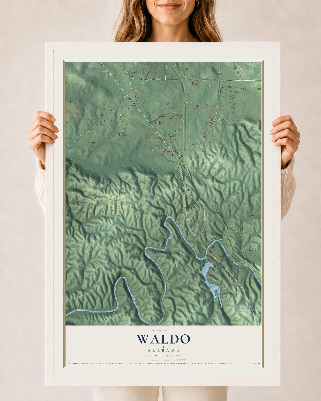 Map of Waldo, Alabama, 24 x 36 inch print in a white wood frame