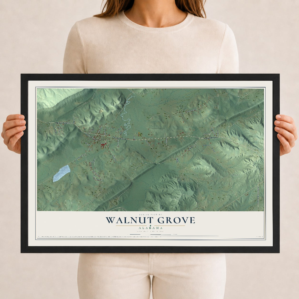 Map of Walnut Grove, Alabama, 12 x 18 inch print in a black wood frame