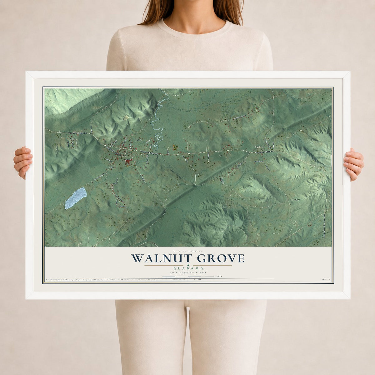 Map of Walnut Grove, Alabama, 24 x 36 inch print in a white wood frame