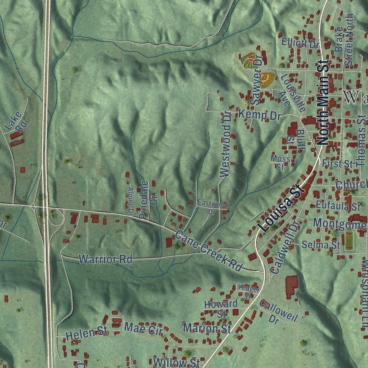 Close-up of the map of Warrior, Alabama print showing street and building detail