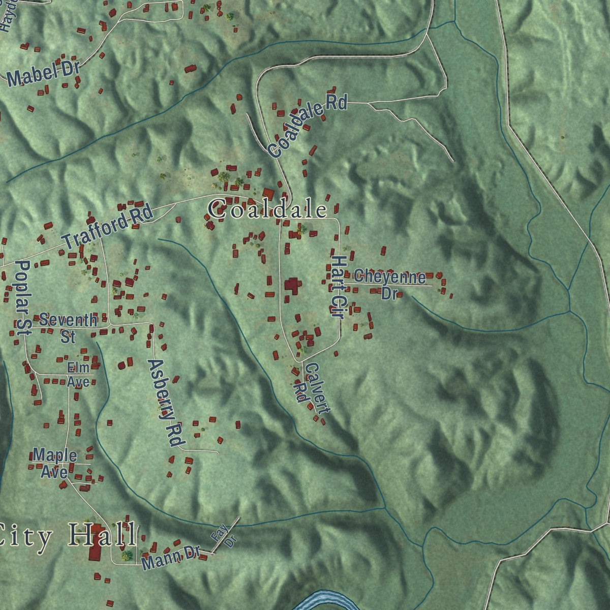 Second close-up of the map of Warrior, Alabama print showing more streets and buildings