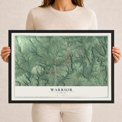 Map of Warrior, Alabama, 12 x 18 inch print in a black wood frame
