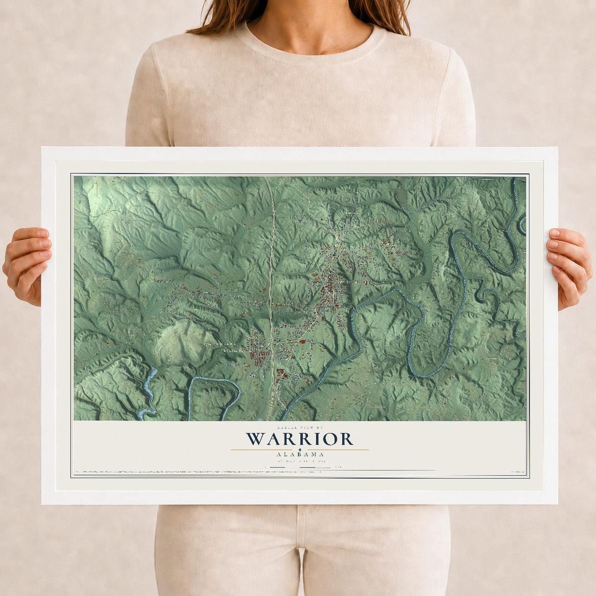 Map of Warrior, Alabama, 12 x 18 inch print in a white wood frame