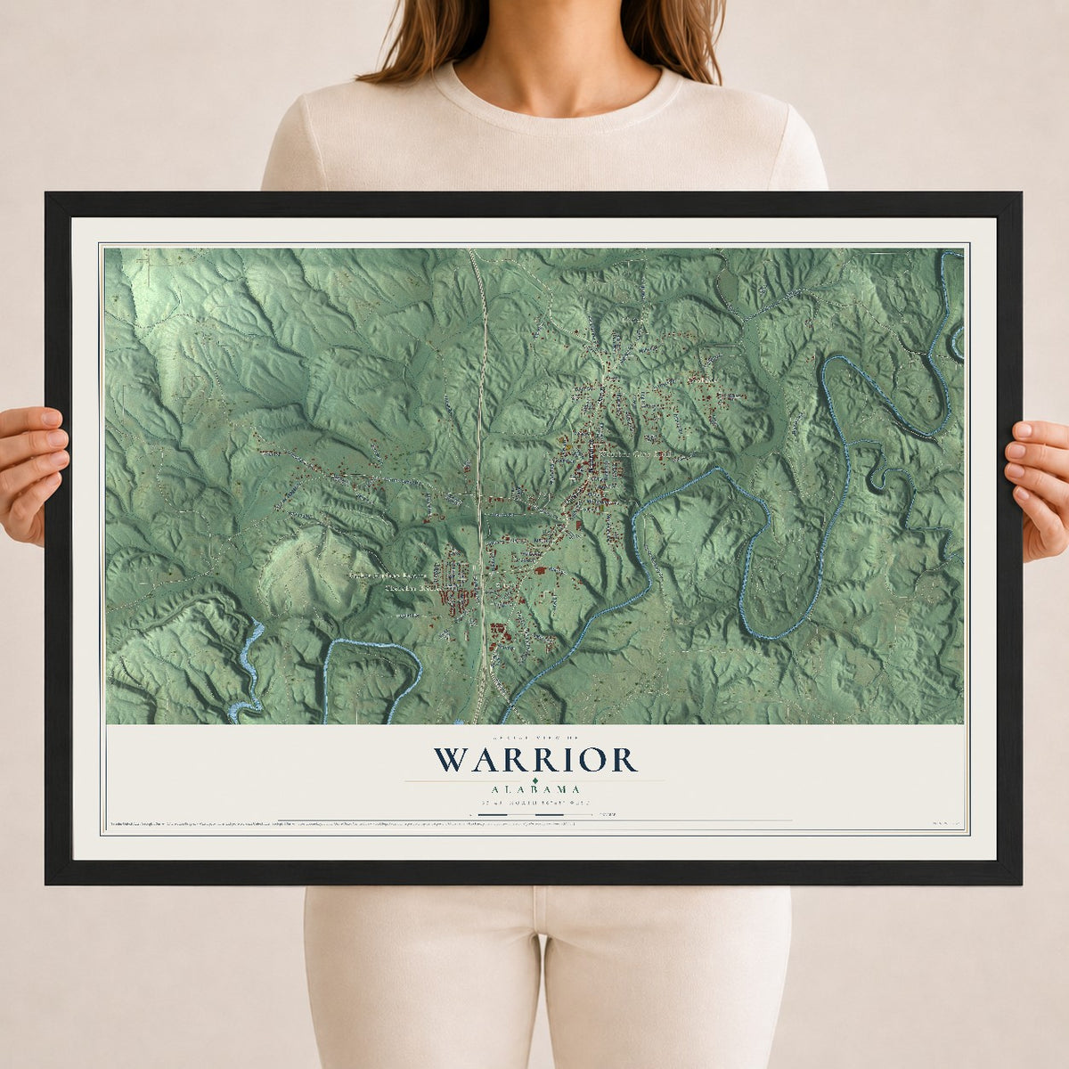 Map of Warrior, Alabama, 18 x 24 inch print in a black wood frame