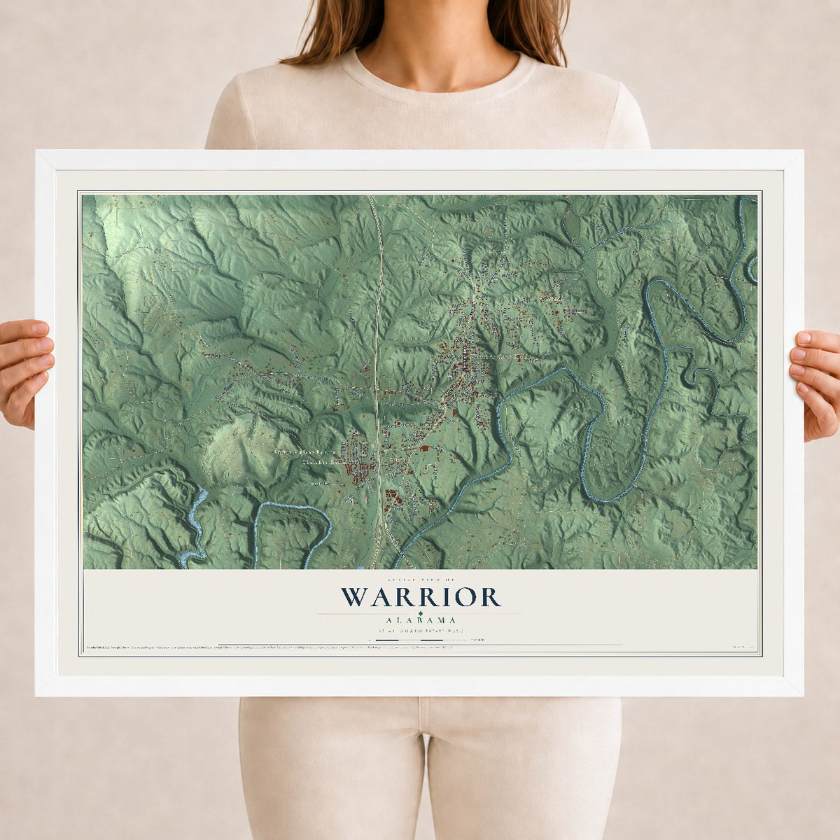 Map of Warrior, Alabama, 18 x 24 inch print in a white wood frame