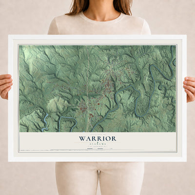 Map of Warrior, Alabama, 18 x 24 inch print in a white wood frame