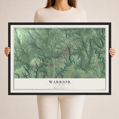 Map of Warrior, Alabama, 24 x 36 inch print in a black wood frame