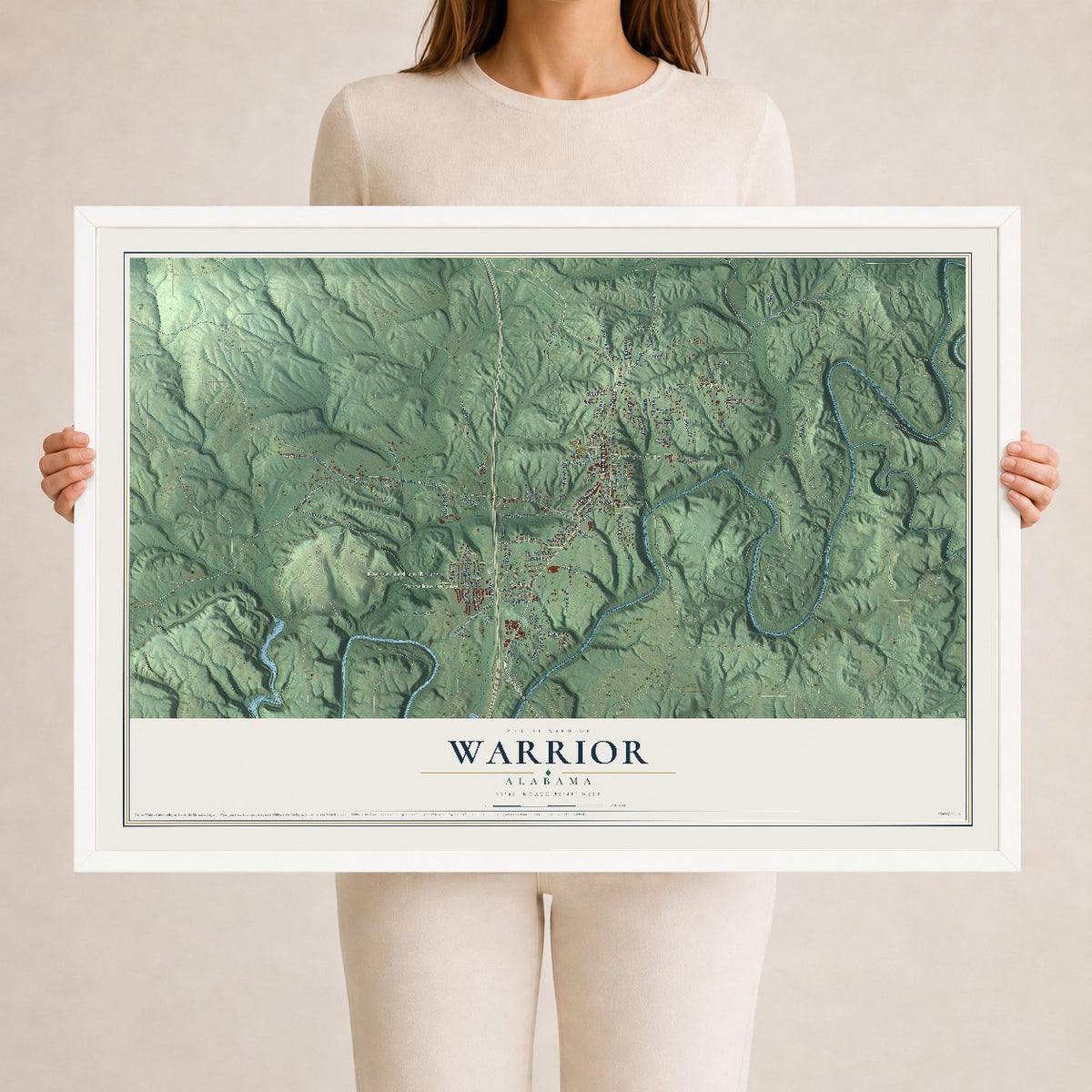 Map of Warrior, Alabama, 24 x 36 inch print in a white wood frame