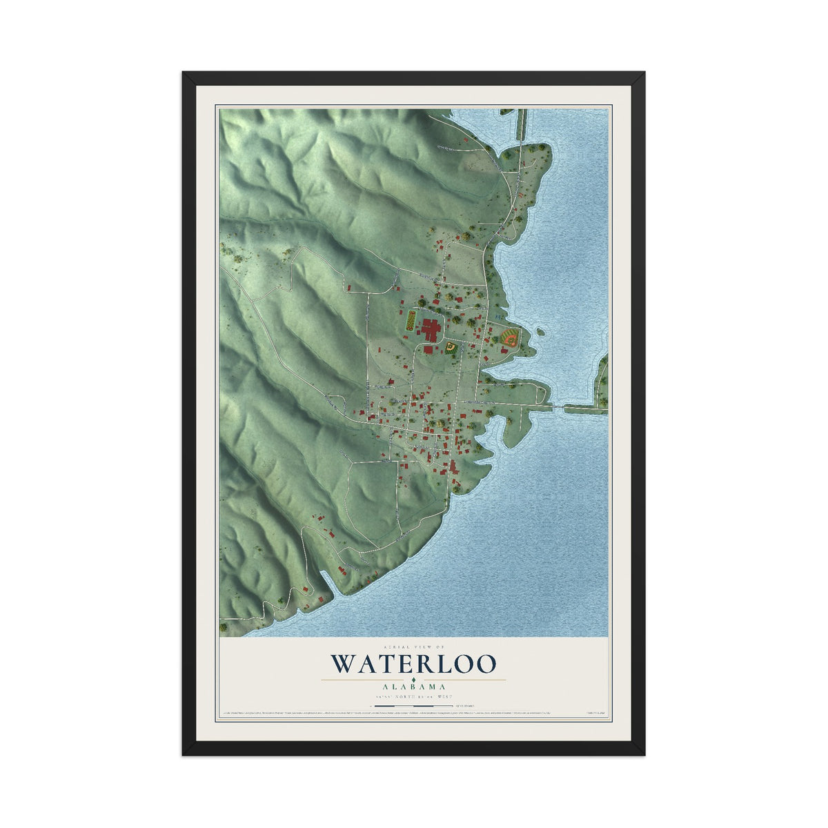 Map of Waterloo, Alabama, 12 x 18 inch print in a black wood frame