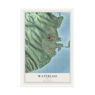 Map of Waterloo, Alabama, 12 x 18 inch print in a white wood frame