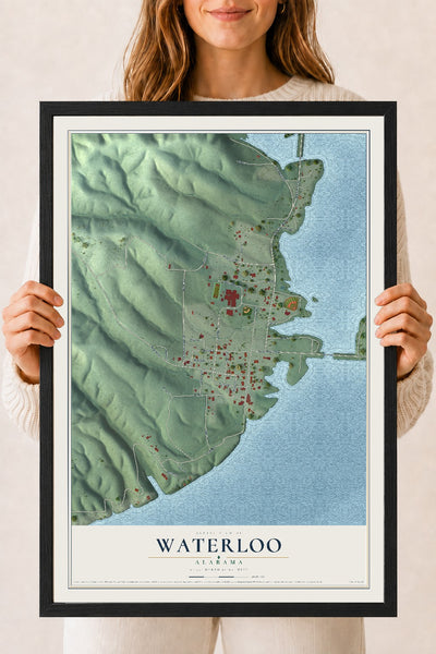 Map of Waterloo, Alabama, 18 x 24 inch print in a black wood frame