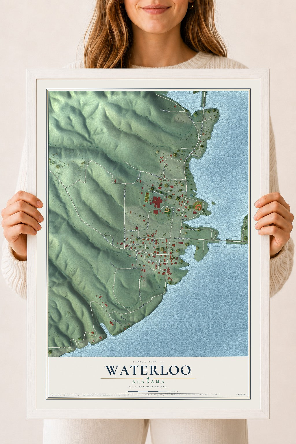 Map of Waterloo, Alabama, 18 x 24 inch print in a white wood frame
