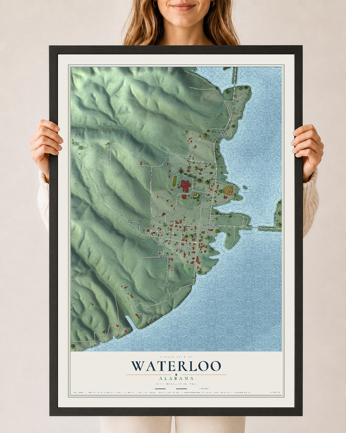 Map of Waterloo, Alabama, 24 x 36 inch print in a black wood frame