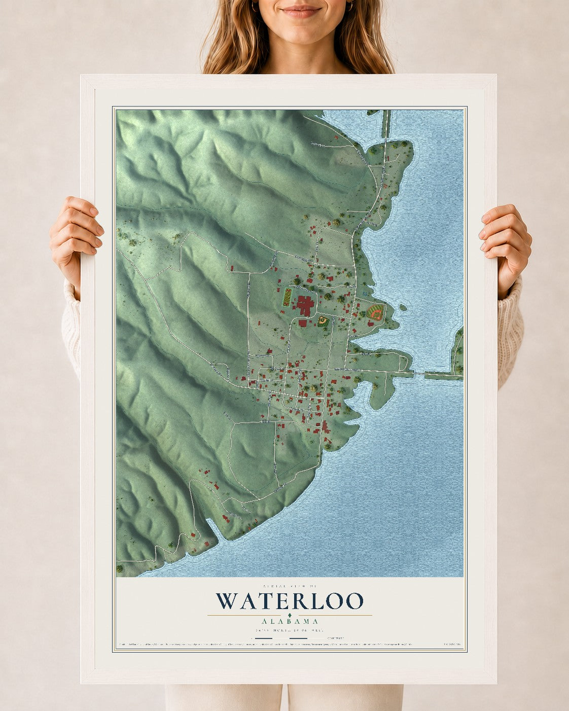 Map of Waterloo, Alabama, 24 x 36 inch print in a white wood frame