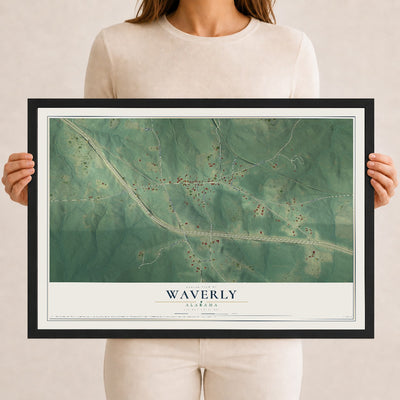 Map of Waverly, Alabama, 12 x 18 inch print in a black wood frame