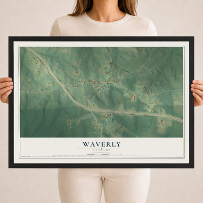 Map of Waverly, Alabama, 18 x 24 inch print in a black wood frame