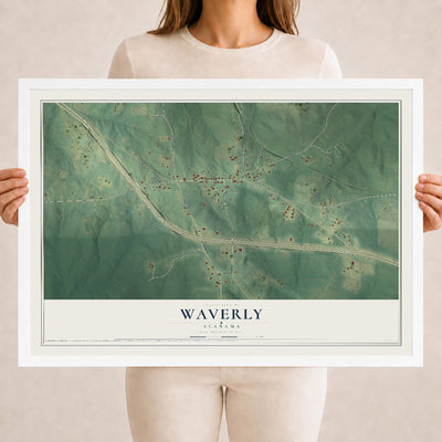 Map of Waverly, Alabama, 18 x 24 inch print in a white wood frame