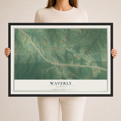Map of Waverly, Alabama, 24 x 36 inch print in a black wood frame