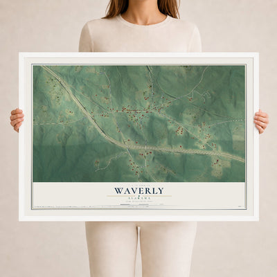 Map of Waverly, Alabama, 24 x 36 inch print in a white wood frame