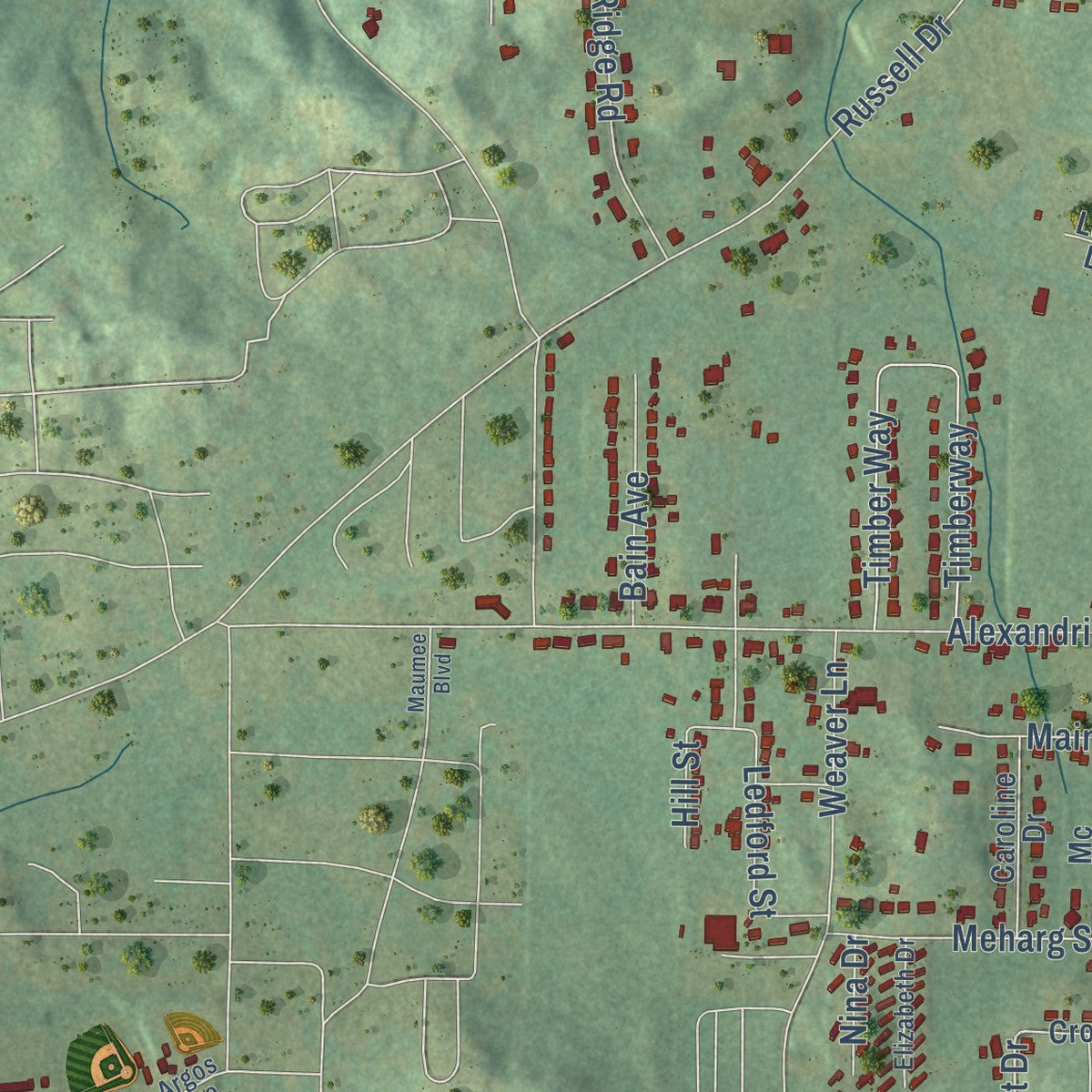 Second close-up of the map of Weaver, Alabama print showing more streets and buildings