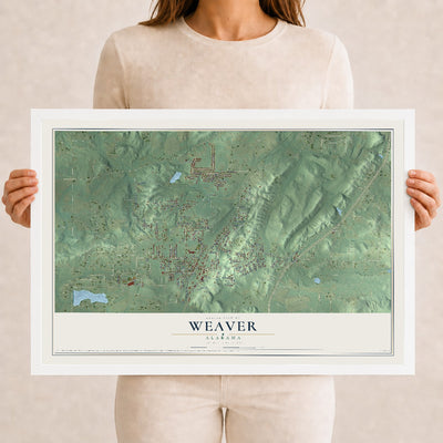 Map of Weaver, Alabama, 12 x 18 inch print in a white wood frame