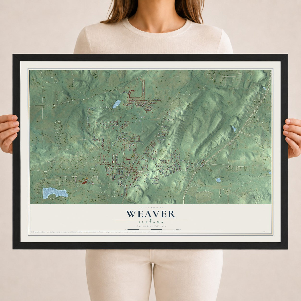 Map of Weaver, Alabama, 18 x 24 inch print in a black wood frame