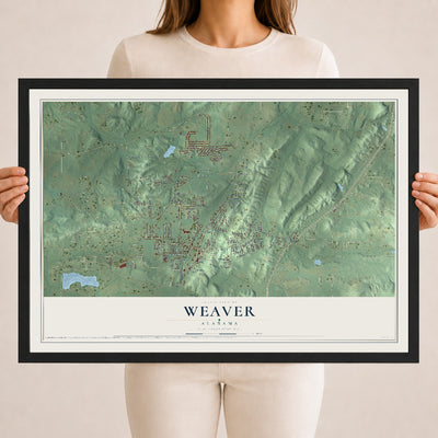 Map of Weaver, Alabama, 18 x 24 inch print in a black wood frame