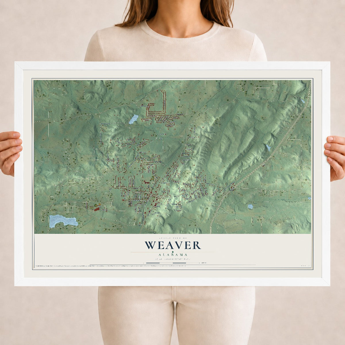Map of Weaver, Alabama, 18 x 24 inch print in a white wood frame