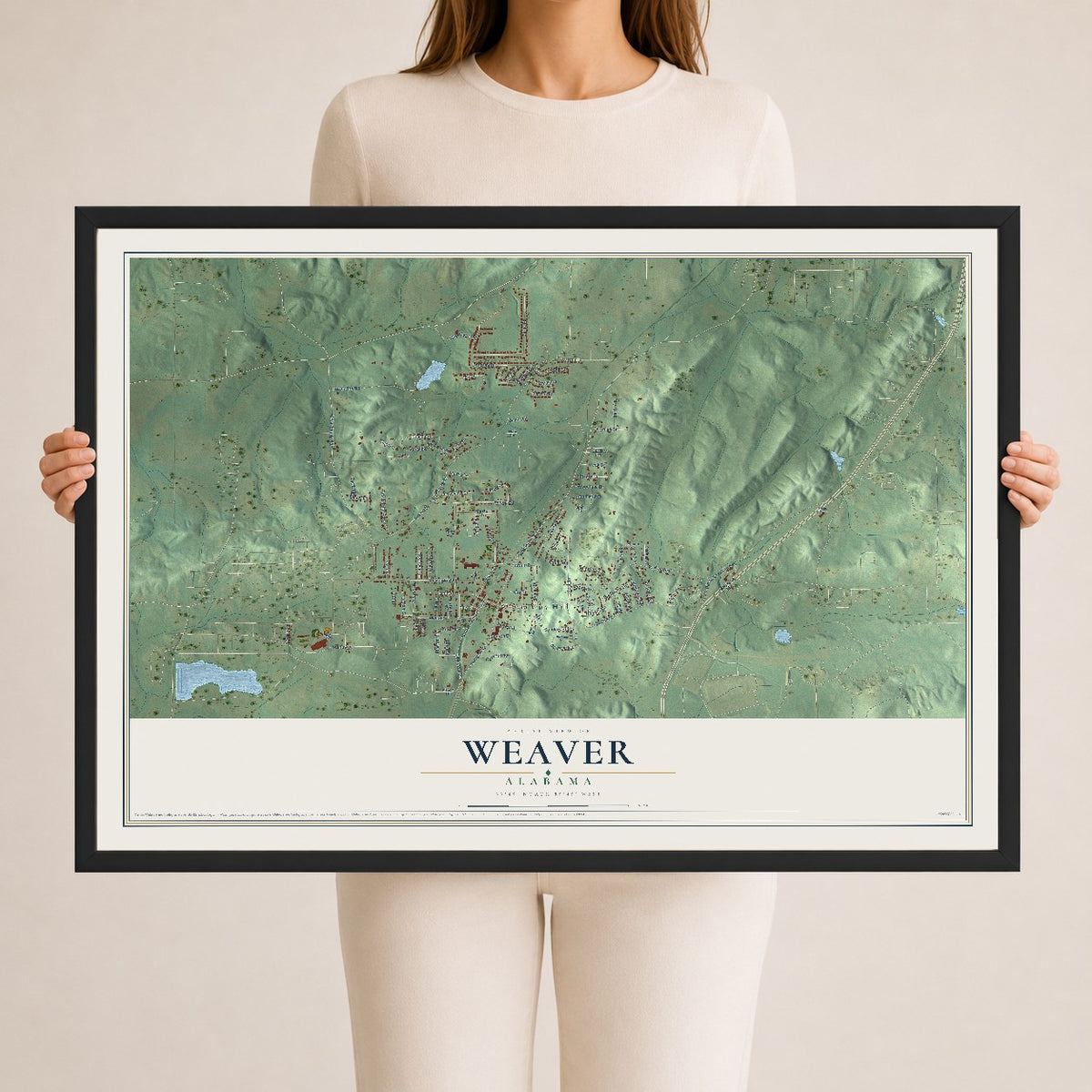 Map of Weaver, Alabama, 24 x 36 inch print in a black wood frame