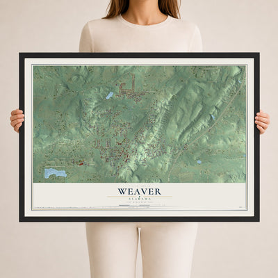 Map of Weaver, Alabama, 24 x 36 inch print in a black wood frame