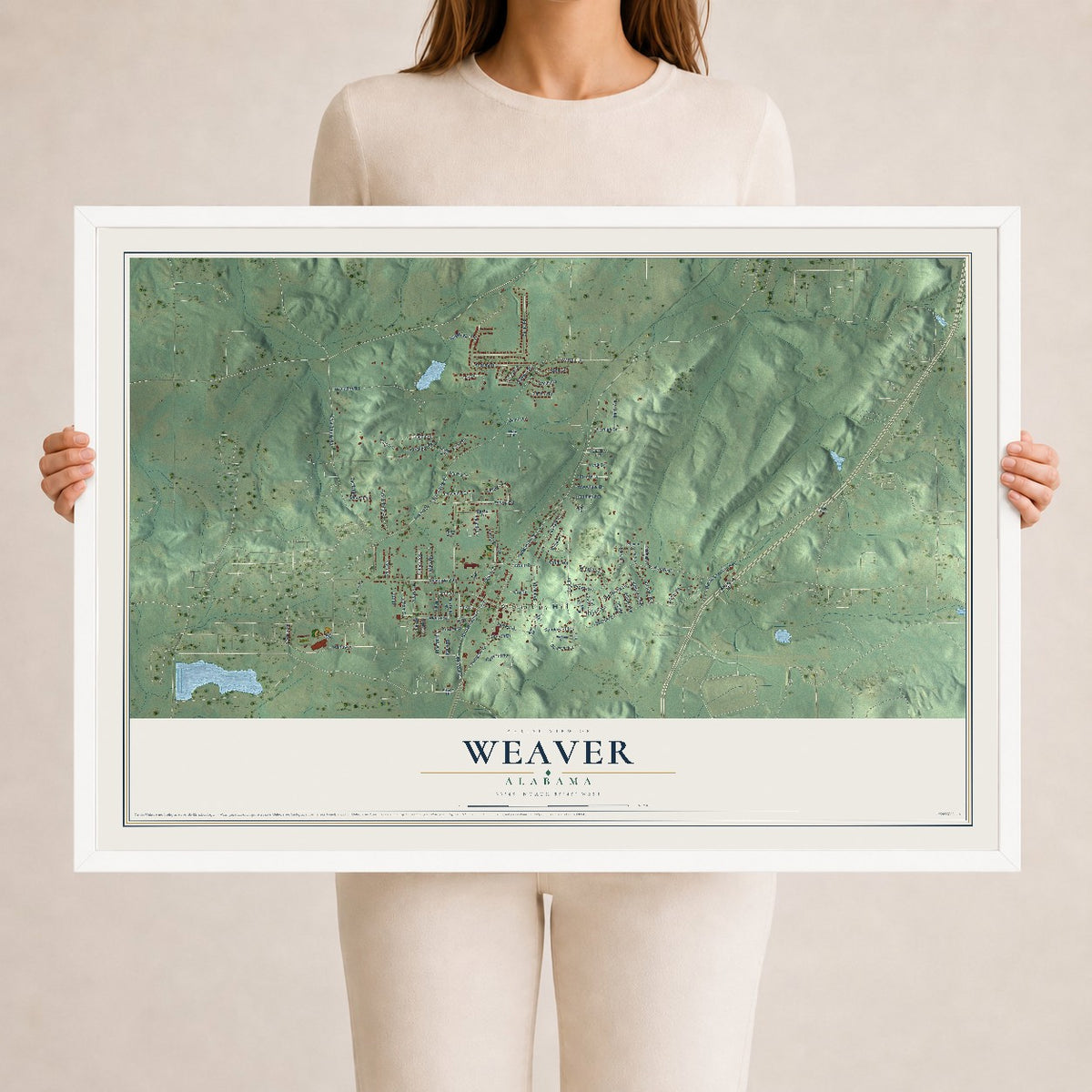 Map of Weaver, Alabama, 24 x 36 inch print in a white wood frame