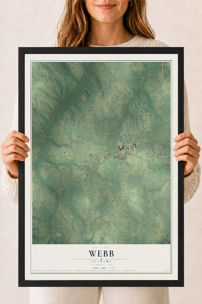 Map of Webb, Alabama, 18 x 24 inch print in a black wood frame