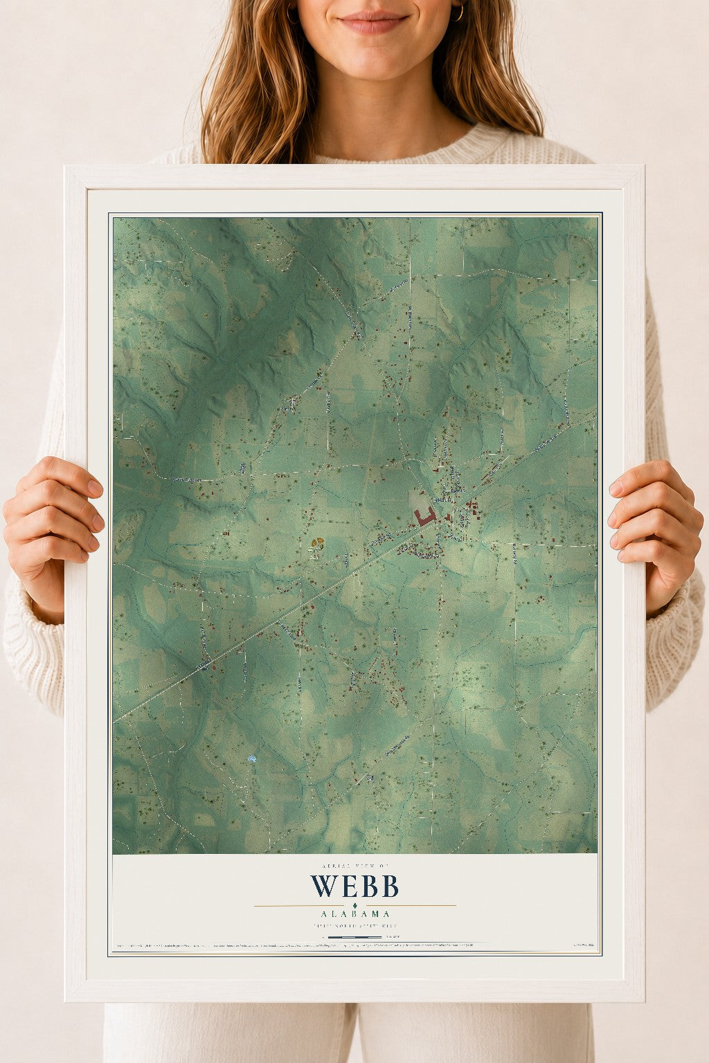 Map of Webb, Alabama, 18 x 24 inch print in a white wood frame
