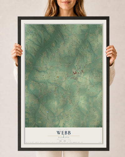 Map of Webb, Alabama, 24 x 36 inch print in a black wood frame
